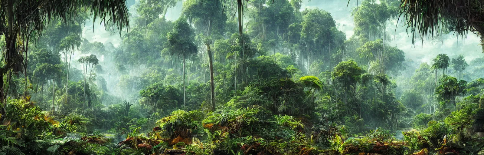 Image similar to painting of a jungle scene on an alien planet by vincent bons. ultra sharp high quality digital render. detailed. beautiful landscape. weird vegetation. water.