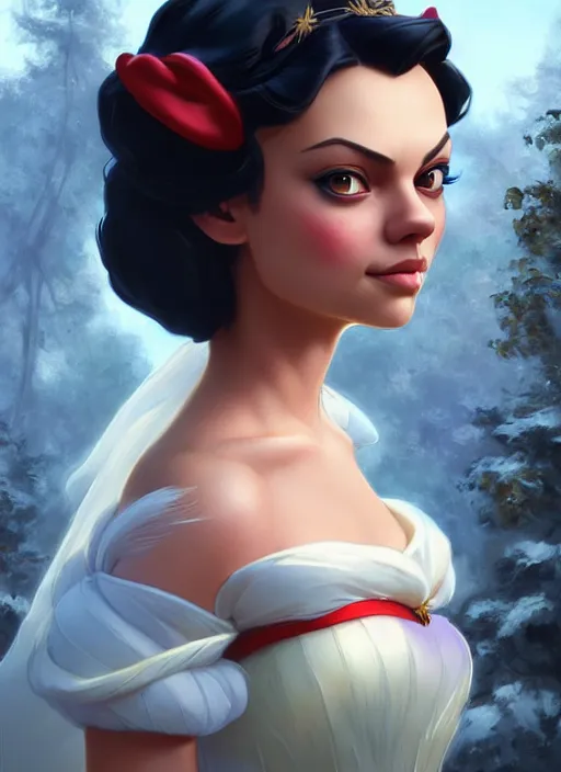 Prompt: beautiful happy mila kunis as snow white princess disney, character art, art by artgerm lau and wlop and and ilya kuvshinov and john singer sargent, hyperdetailed, 8 k realistic, symmetrical, frostbite 3 engine, cryengine, dof, trending on artstation, digital art