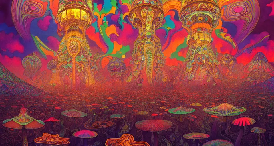 Image similar to An extremely psychedelic map illustration of the black rock city at night, colorful, surreal, dramatic lighting, magic mushrooms, psilocybin, LSD, map, detailed, intricate, elegant, highly detailed, digital painting, artstation, smooth, sharp focus, illustration, art by Krenz Cushart and Artem Demura and alphonse mucha