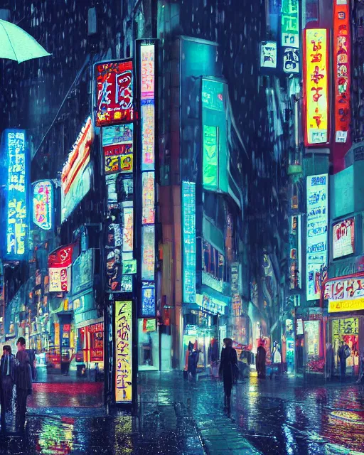 Prompt: realist digital painting of a tokyo street, night with neon signs as the main source of light, raining and lights reflecting off puddles on the street, a woman with an umbrella is walking away from us, unreal engine, hyper realism, realistic shading, cinematic composition, realistic render, octane render, detailed textures, photorealistic, ultrawide shot, 3 5 mm film