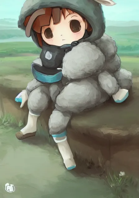 Prompt: beautiful little boy wearing sheep suit using a smartphone while sitting on chair, gray, blue, green and brown pallet color. made in abyss art style, inspired in kris from deltarrune, cute detailed artwork, anatomically correct, soft details, ilya kuvshinov, reflection, perfect composition, mobile wallpaper