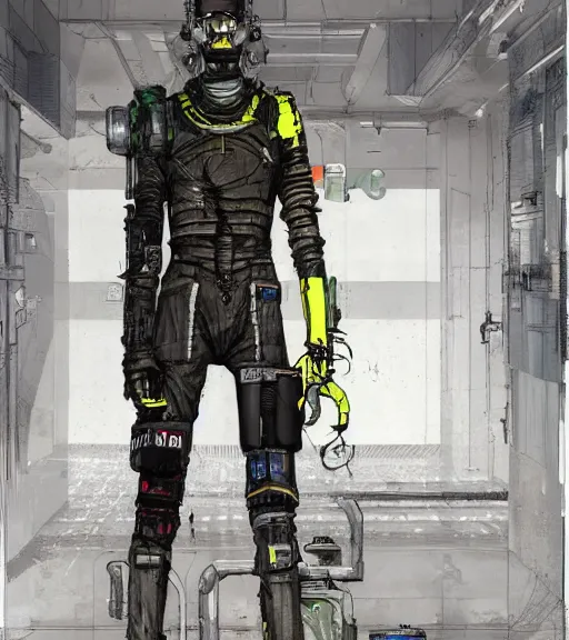 Image similar to realistic cyberpunk engineer with long limbs in a hallway, techwear, dead space, visible face, Industrial Scifi, detailed illustration, character portrait, by Ashley Wood and Moebius