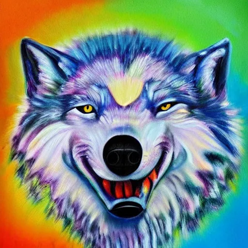 Image similar to painting of retarded wolf, vivid colors