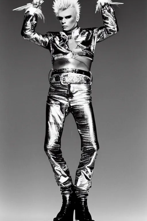 Prompt: portrait billy idol dressed in 1 9 8 1 space fantasy fashion, avante garde, shiny metal, standing in a desert