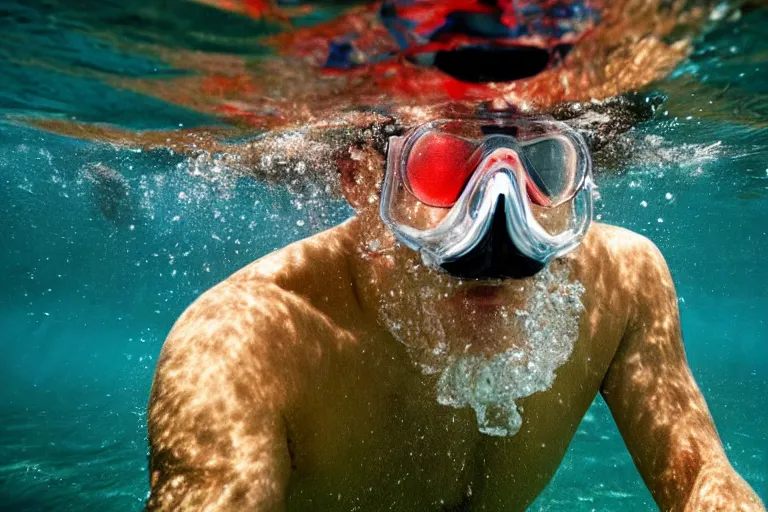 Prompt: closeup potrait of a man snorkeling underwater in submerged new york, photograph, natural light, sharp, detailed face, magazine, press, photo, Steve McCurry, David Lazar, Canon, Nikon, focus