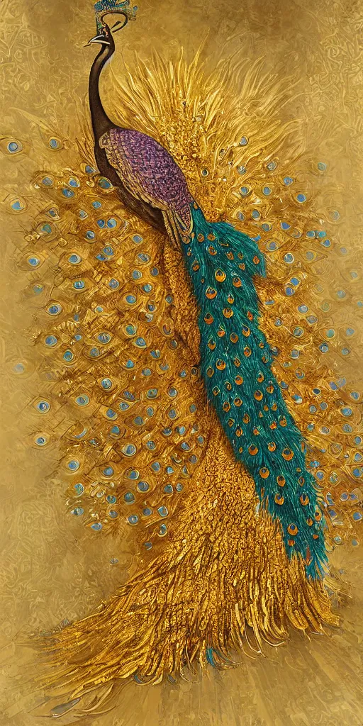 Prompt: a throne made of gold and surrounded by peacock feathers and an elegant art deco boarder, concept art, illustration, tamara de lepika, rutkowski,