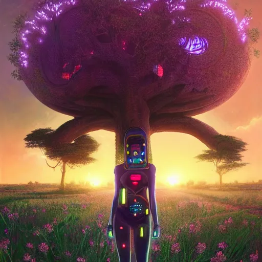 Image similar to an african cyberpunk hacker girl with her headset plugged into a giant glowing baobab tree in the middle of a field of flowers at sunset, by greg rutkowski and android jones in a surreal cyberpunk! style, oil on canvas, 8k hd, synthwave colors!!