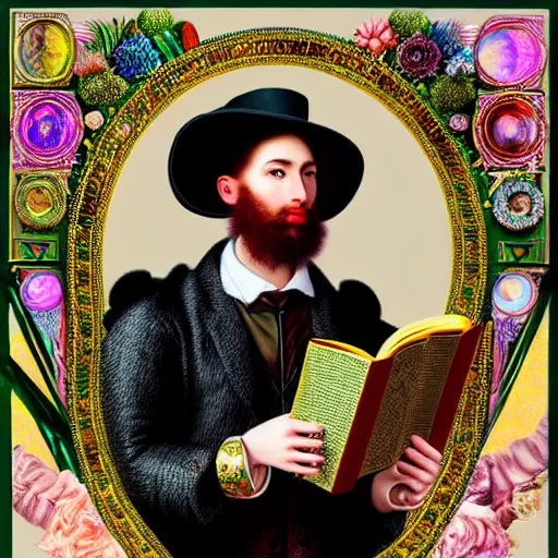 Prompt: HD 8x hyperdetailed illustrated collage portrait of a man with a maximalist hyperrealistic huge hat made of mixed media jewel plants, reading an elaborate book. flamish baroque solarpunk elements. matte background in pastel tones.