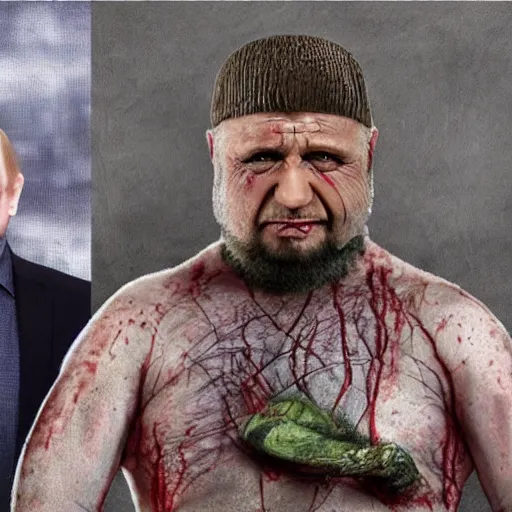 Image similar to ramzan kadyrov became bloody ugly puppet of putin, photo - realistic, color image, 2 k, highly detailed, bodyhorror, occult art