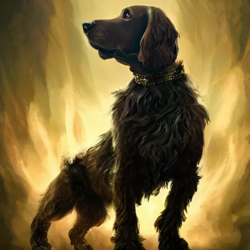 Prompt: cocker spaniel Dog, Anthropomorphized, casting epic spell, magic the gathering artwork, D&D, fantasy, cinematic lighting, centered, symmetrical, highly detailed, digital painting, artstation, concept art, smooth, sharp focus, illustration, volumetric lighting, epic Composition, 8k, art by Akihiko Yoshida and Greg Rutkowski and Craig Mullins, heroic pose, oil painting, cgsociety, magic lab background