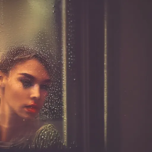 Image similar to a beautiful people photographed through a rainy window, bokeh, cinematic light,