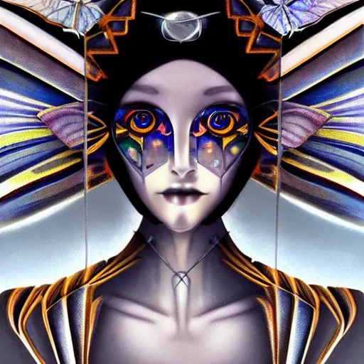 Image similar to closeup portrait of a beautiful art deco faerie queen with glowing eyes, moth wings with geometric patterns, reflective detailed textures, highly detailed dark fantasy science fiction painting, silver and cool colors, extremely detailed, photorealistic, artstation