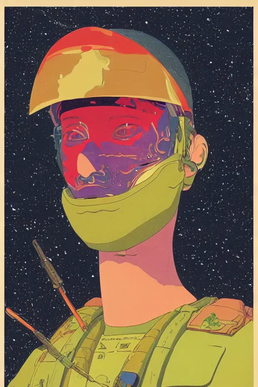 Prompt: a colorful closeup portrait of a army soldier sucking a blotter paper of lsd acid and dreaming psychedelic hallucinations in the vast icy landscape of antarctica, by kawase hasui, moebius and edward hopper, colorful flat surreal design, hd, 8 k, artstation