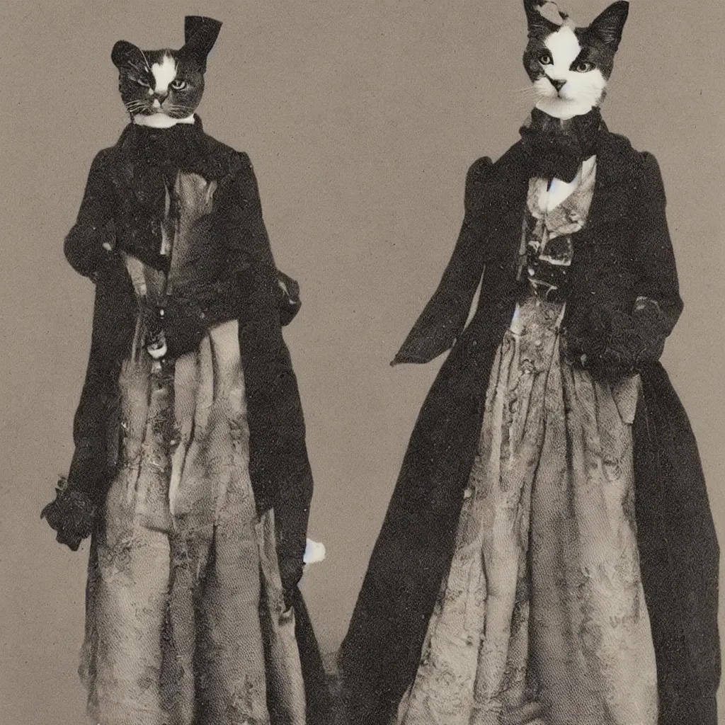 Image similar to a male cat dressed in a victorian era dress