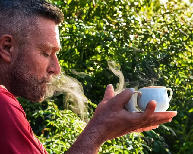 Image similar to mr robert is drinking fresh tea, smoke pot and meditate in a garden from spiral mug, detailed focused face, muscular hands, golden hour closeup photo, red elegant shirt, eyes wide open, ymmm and that smell