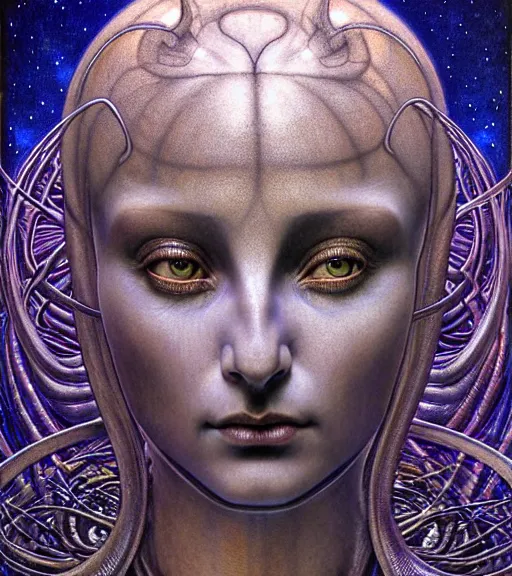 Image similar to detailed realistic beautiful young cher alien robot as queen of mars face portrait by jean delville, gustave dore and marco mazzoni, art nouveau, symbolist, visionary, baroque, concept. horizontal symmetry by zdzisław beksinski, iris van herpen, raymond swanland and alphonse mucha. highly detailed, hyper - real, beautiful