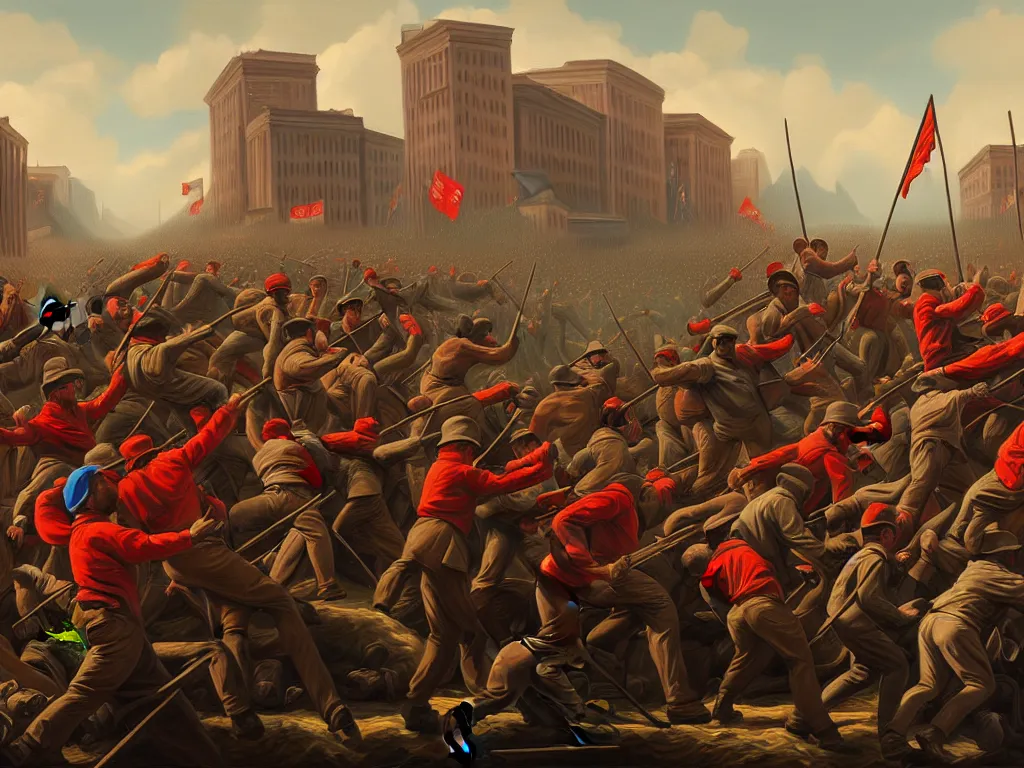 Image similar to landscape painting of the proletariat taking over the means of production in the united states, digital painting, movement, victory, loss, highly detailed, 4 k, art by miguel alandia pantoja