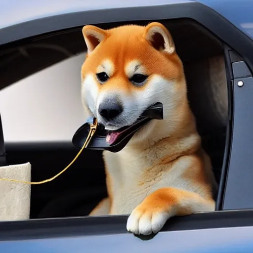 Prompt: shiba inu smoking a cigar inside a toyota supra