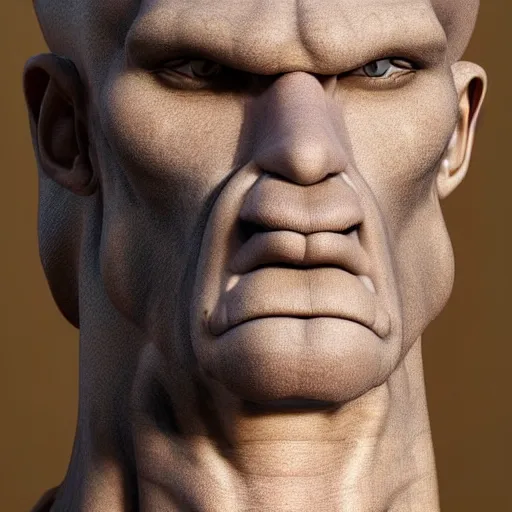 Image similar to portrait photograph of a beautiful handsome perfect handsome squidward with majestic thick curly brown hair and an extremely chiseled jawline with sharp jagged cheekbones and a strong symmetrical facial structure with decently big lips realistic hyperrealistic 4 k resolution 8 k resolution highly detailed very detailed extremely detailed hd quality detailed face very detailed face extremely detailed face trending on artstation