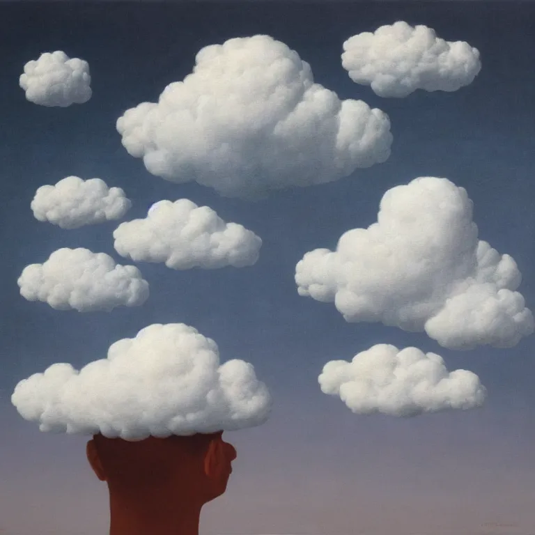 Image similar to portrait of a cloud head, by rene magritte, detailed painting, hd, hq, high resolution, high detail, 4 k, 8 k