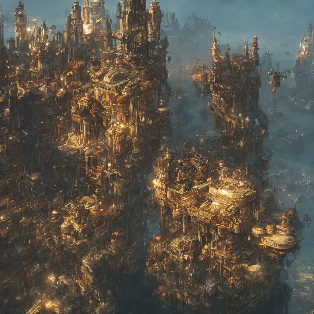 Image similar to a steampunk city combined with a floating island by Greg Rutkowski, Sung Choi, Mitchell Mohrhauser, Maciej Kuciara, Johnson Ting, Maxim Verehin, Peter Konig, final fantasy , 8k photorealistic, cinematic lighting, HD, high details, atmospheric , trending on artstation