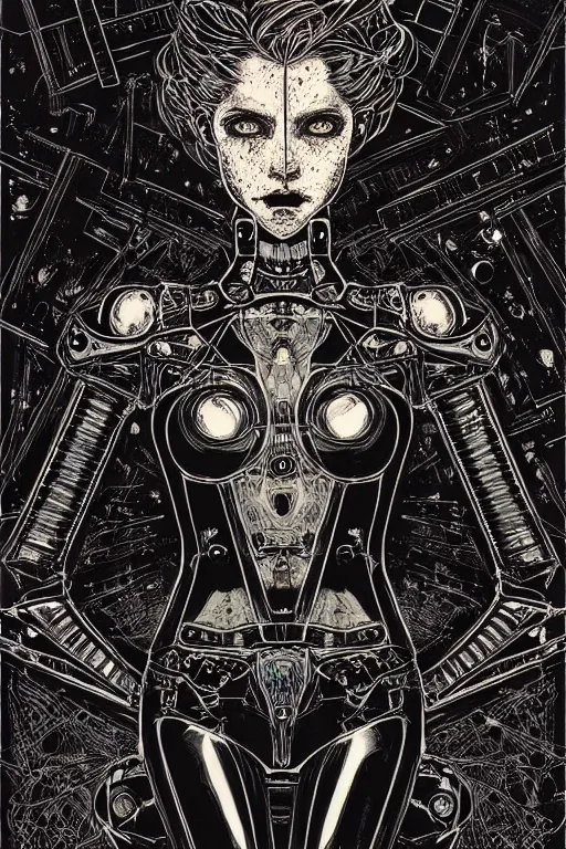 Image similar to dreamy gothic girl, abstract black leather, gear mecha, beautiful woman body, detailed acrylic, grunge, intricate complexity, by dan mumford and by alberto giacometti, peter lindbergh