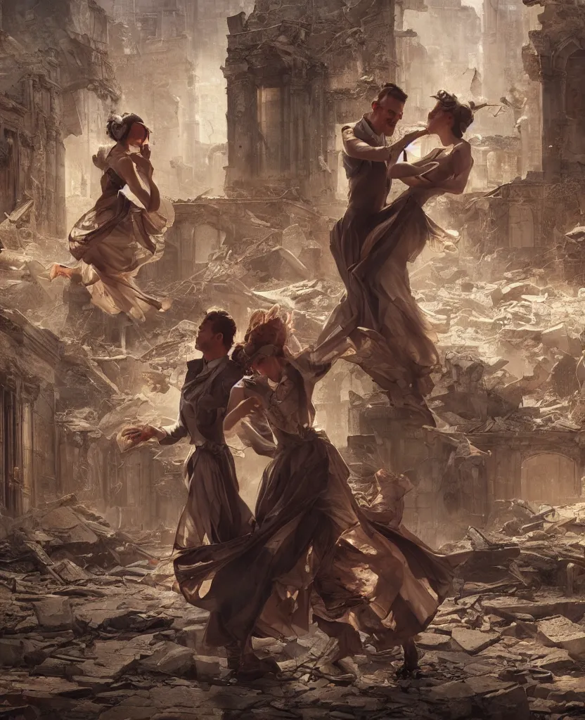 Prompt: concept art of one couple dancing in the middle of ruins of a victorian city by j. c. leyendecker, wlop, ruins, dramatic, octane render, epic painting, extremely detailed