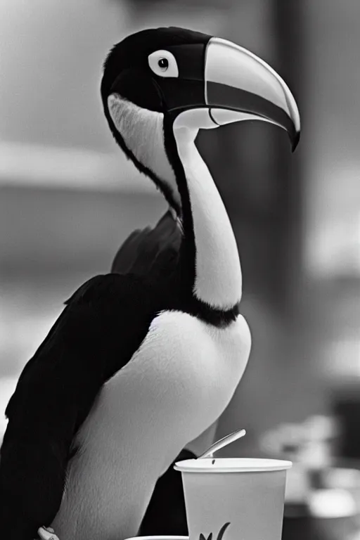 Image similar to an anthropomorphism toucan enjoying a meal at mcdonalds, photo taken in 1 9 6 6, highly detailed photography, 3 5 mm, natural light, bokeh effect