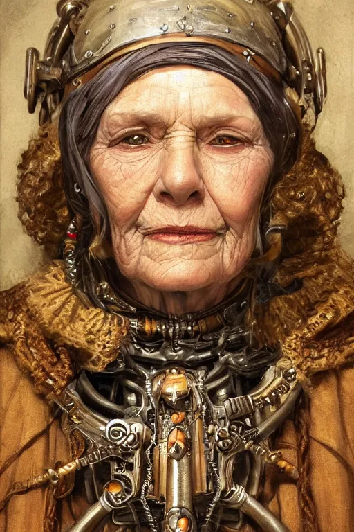 Image similar to portrait, headshot, digital painting, of a old 17th century, old lady cyborg merchant, amber jewels, baroque, ornate clothing, scifi, futuristic, realistic, hyperdetailed, chiaroscuro, concept art, art by Waterhouse