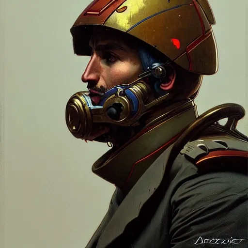 Prompt: portrait of a vicotrian engineer in suit with helmet by darek zabrocki and greg ruthkowski, alphonse mucha, simon stalenhag and cinematic and atmospheric, concept art, artstation, trending on artstation