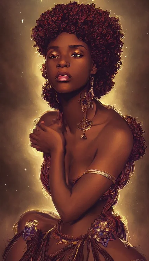 Image similar to black african princess, warm volumetric lighting, cosmic, symmetric, highly detailed, concept art, heavenly, intricate, sharp focus, illustration, alexandros pyromallis, bouguereau, rutkowski, artgerm, alphonse mucha