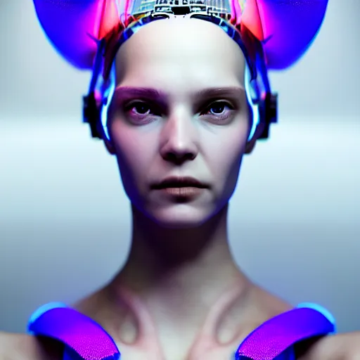 Prompt: closeup portrait of an absurdly beautiful, graceful, sophisticated, fashionable cyberpunk mechanoid gravure idol, ultrafine hyperdetailed illustration by irakli nadar, matt wisniewski style, marvel comics, intricate linework, porcelain skin, neon jellyfish headdress, ivory carved ruff, unreal engine 5 highly rendered, global illumination, radiant light, detailed and intricate environment