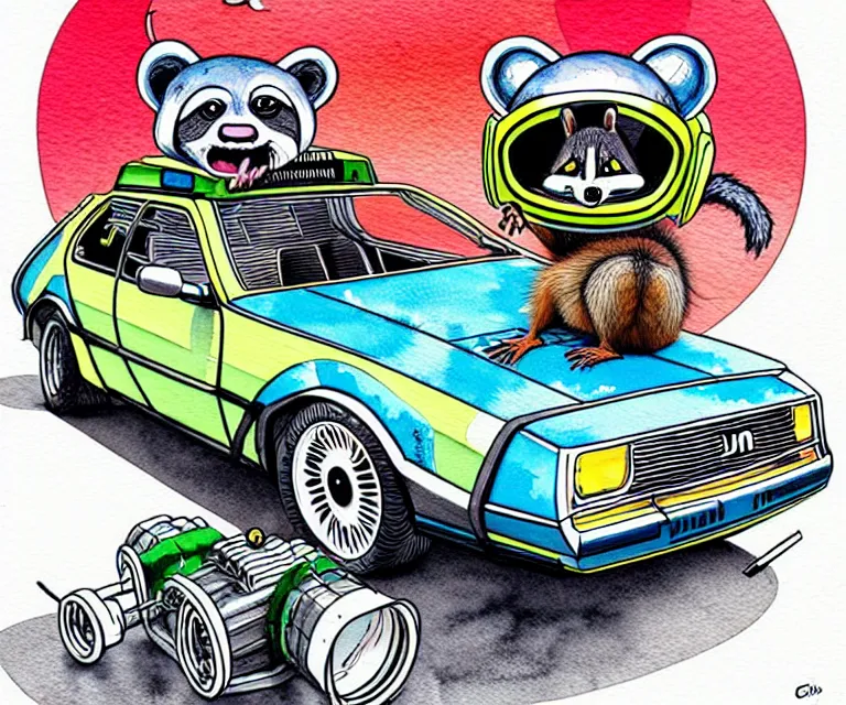 Image similar to cute and funny, racoon wearing a helmet riding in a tiny hot rod dmc delorean with oversized engine, ratfink style by ed roth, centered award winning watercolor pen illustration, isometric illustration by chihiro iwasaki, edited by range murata