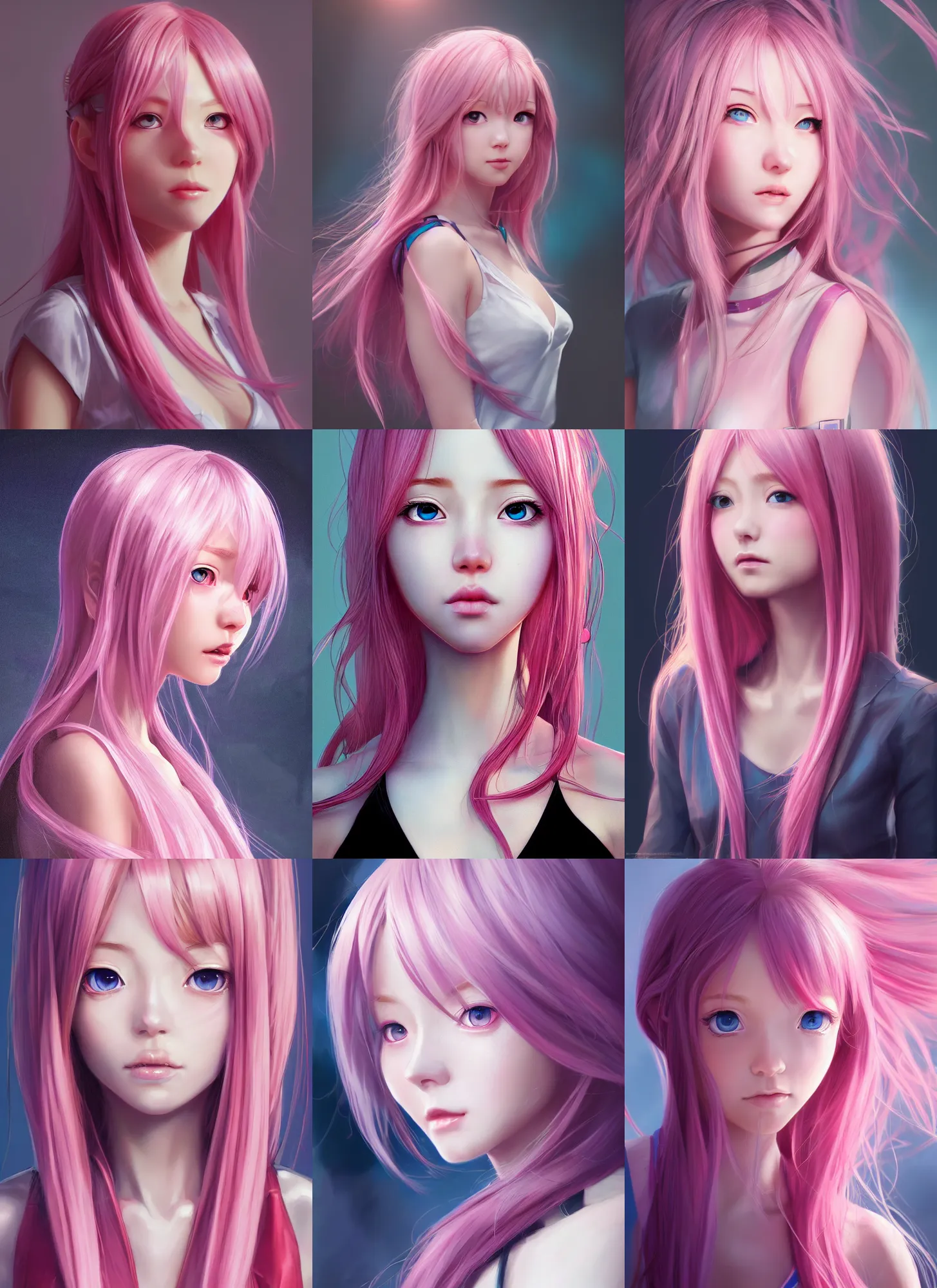 Prompt: detailed portrait of perfect pink haired girl, anime, silk dress, beautiful, pretty face, blue cyborg eyes, innocent, scifi, 4 k, sun yunjoo, ultra realistic, aura of light, cinematic lighting, highly detailed, sharp focus, artstation, masterpiece, art by hyungjin yang