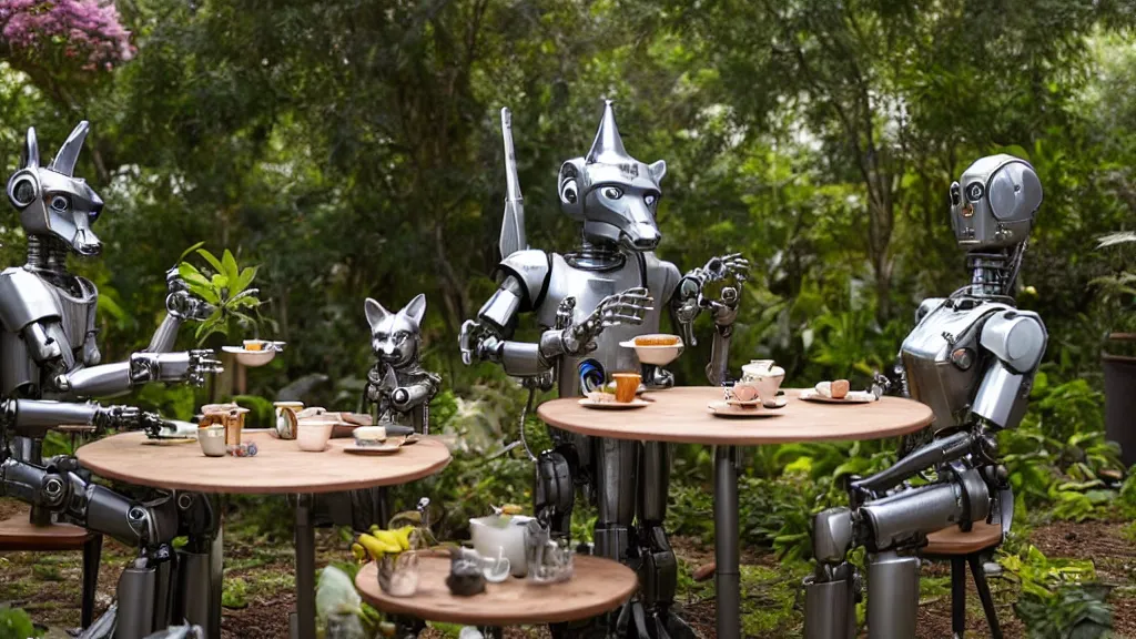 Prompt: film still from the movie chappie of the robot chappie shiny metal outdoor park plants garden scene bokeh depth of field several figures sitting down at a table having a tea party furry anthro anthropomorphic stylized cat ears wolf muzzle head android service droid robot machine fursona