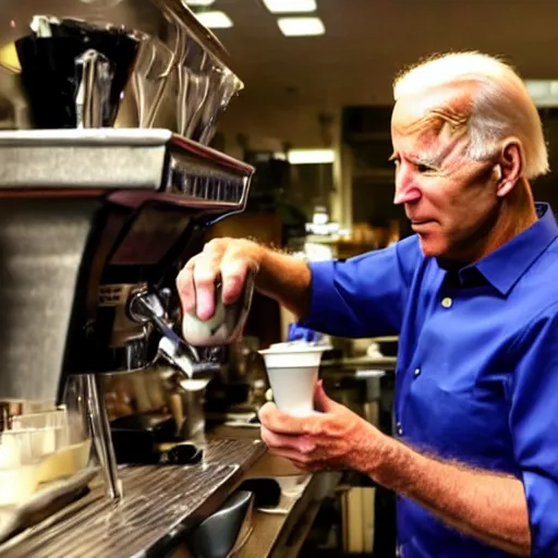 Image similar to Joe Biden, the ultimate barista, making a latte, low lit coffee shop