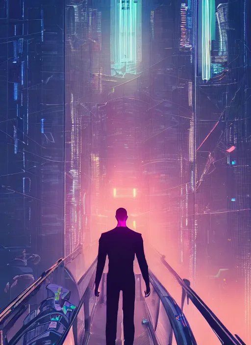 Image similar to Panfuturism cyberpunk art of a man standing on top of a bridge over a city, by Reuben Tam, Artstation contest winner, synthwave, retrowave, 2d game art