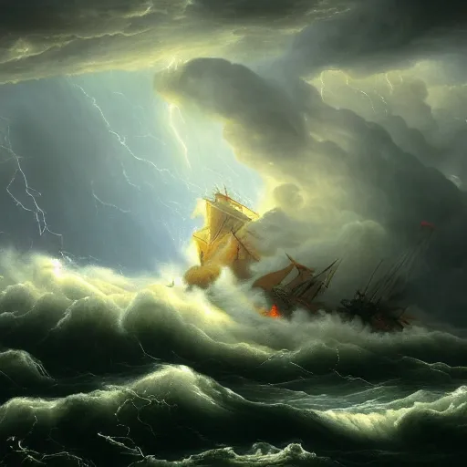 Prompt: noah's ark among very high seas, massive waves, storm, dark, epic clouds, apocalyptic, dramatic lighting, john martin, michael bay, disaster,