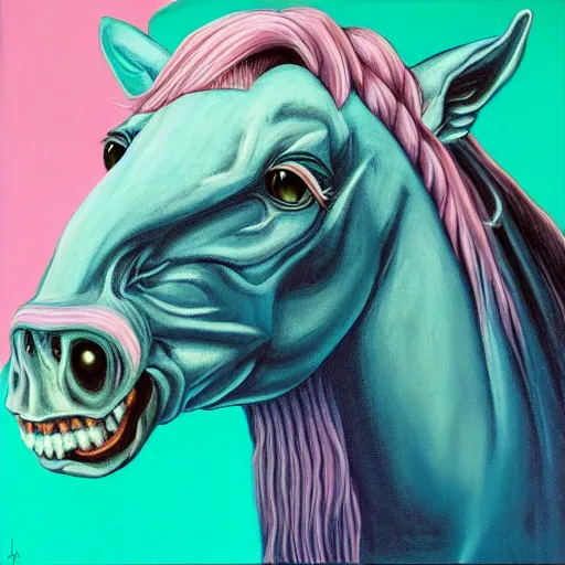 Image similar to a painting irradiated horse head in the style of Jeff Christensen, deep sea creatures, pastel pink background