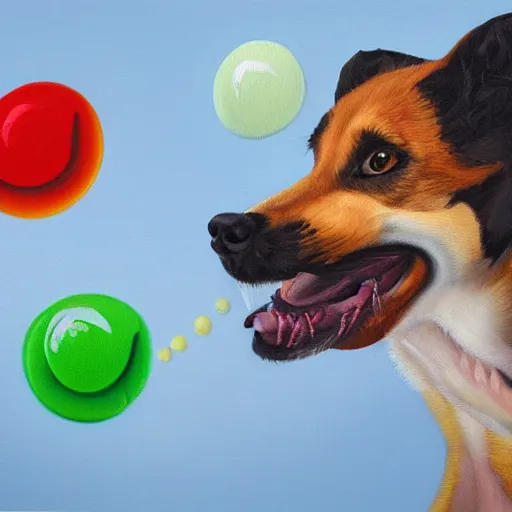 Image similar to high detail oil painting of a rabid dog, rabies, foam, bubbles made of emoji faces, trending on artstation