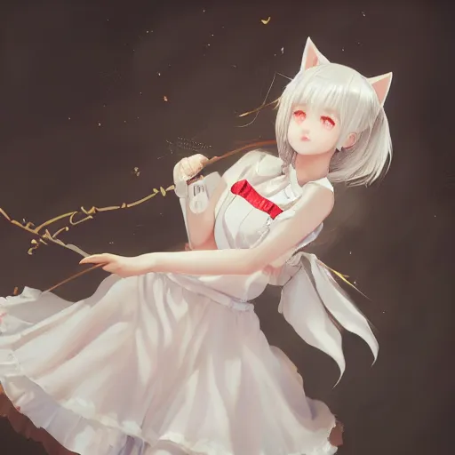 Image similar to realistic beautiful gorgeous natural cute young teenager girl white hair cute white cat ears in maid dress outfit golden eyes artwork drawn full HD 4K highest quality in artstyle by professional artists WLOP, Taejune Kim, Guweiz, ArtGerm on Artstation Pixiv