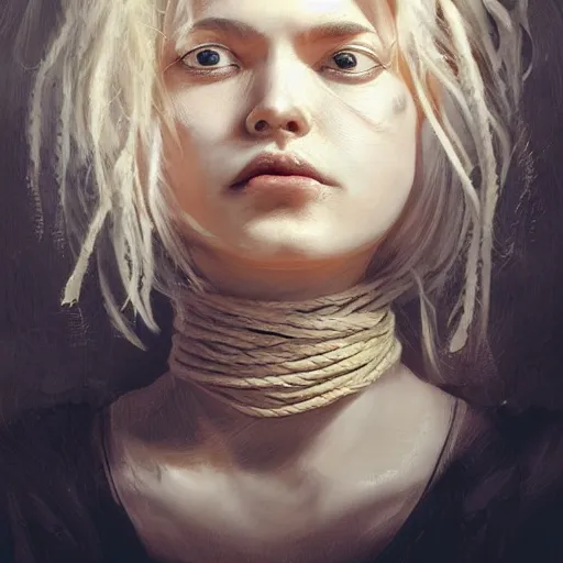 Image similar to portrait of a Shibari rope wrapped face and neck, headshot, insanely nice professional hair style, dramatic hair color, digital painting, of a old 18th century, traveler, amber jewels, baroque, ornate clothing, scifi, realistic, hyperdetailed, chiaroscuro, concept art, art by Franz Hals and Jon Foster and Ayami Kojima and Amano and Karol Bak,