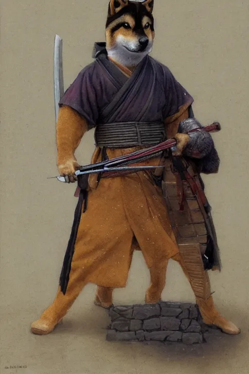 Prompt: a detailed matte portrait of an anthropomorphic shiba inu dressed as a samurai, shiba inu face, very large katana leaning against the side of a tavern, city streets, masterpiece, 8 k, art by donato giancola and greg rutkowski and wayne barlow and zdzisław beksinski