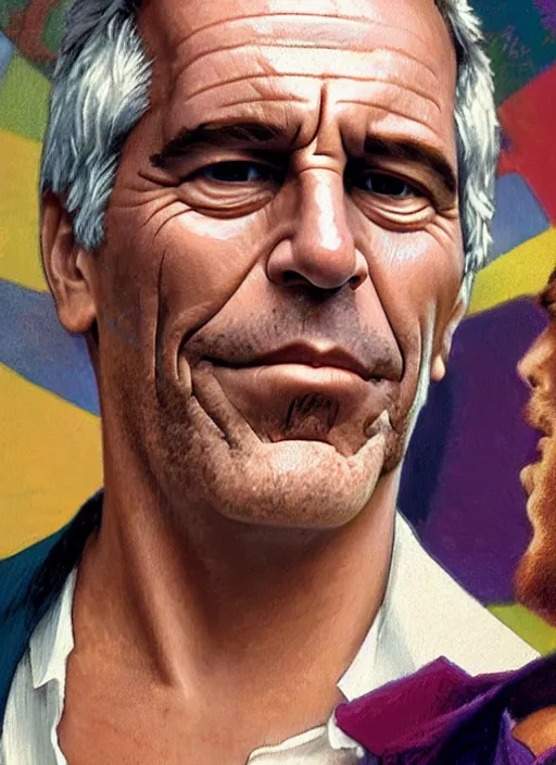 Image similar to a still of Jeffrey Epstein as the Joker, realistic, private island, sigma male, accurately portrayed, portrait art by alphonse mucha and greg rutkowski, highly detailed, digital painting, concept art, illustration, dim lighting with twilight rays of sunlight, trending on artstation, very detailed, smooth, sharp focus, octane render, close up