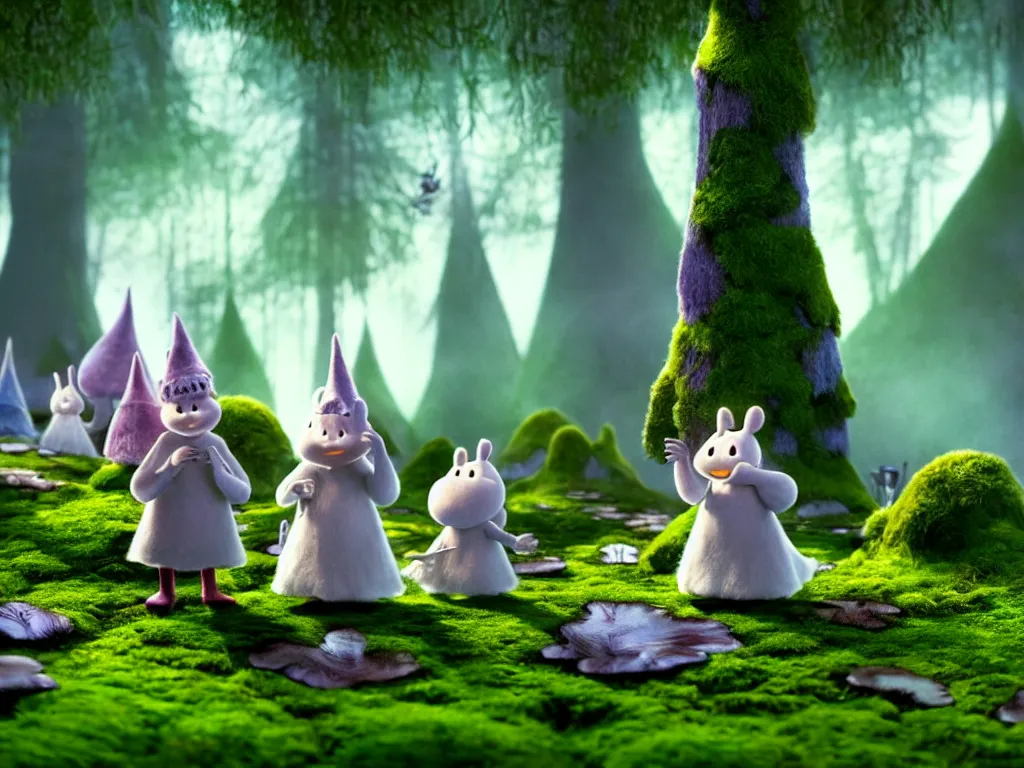 Prompt: the moomins wearing fluffy knight armor discovering the enchanted forest full of magic trees, mushrooms and moss and tiny fairies glowing in the dark, photorealistic painting, cgi, low volumetric light, movie still, very cute and cozy and fluffy and sweet