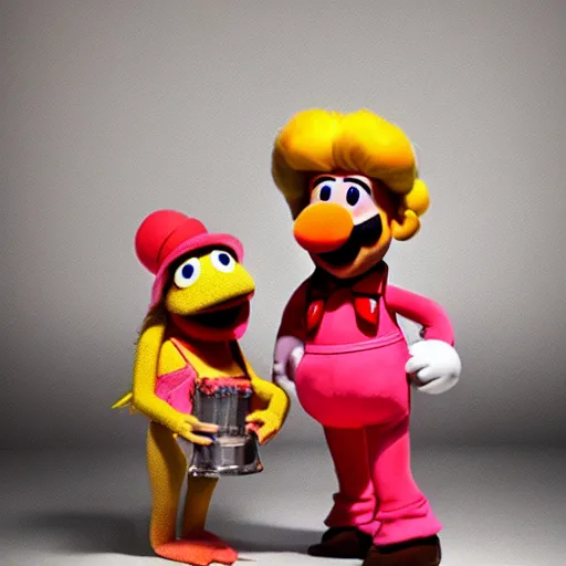 Image similar to A still of Mario and Princess Peach as muppets, photo real, photographic, photograph, artstation, trending, award winning, epic lighting, featured