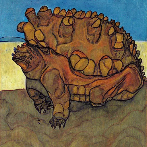 Image similar to painting of an ankylosaurus watching an erupting volcano in the style of egon schiele