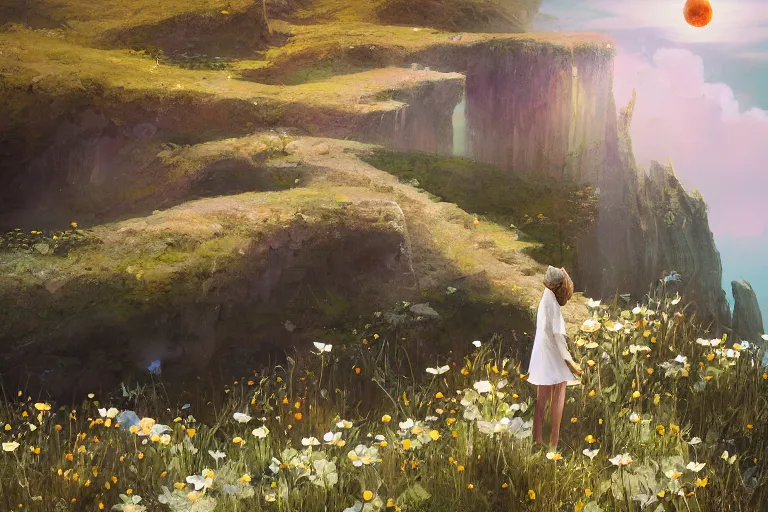 Image similar to wearing giant white daisy flower head, girl standing on cliff, surreal photography, solar eclipse, milky way, dramatic light, impressionist painting, clouds, digital painting, artstation, james gilleard, liam wong, jeremy mann, simon stalenhag