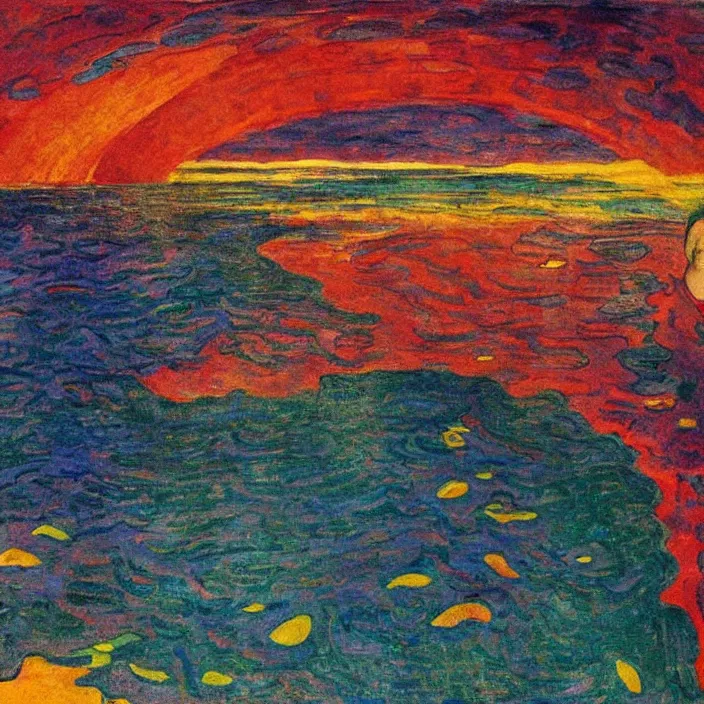 Image similar to lovers in the turbulent river. red sun setting through the storm clouds. iridescent, vivid psychedelic colors. painting by munch, agnes pelton, egon schiele, henri de toulouse - lautrec, utamaro, monet