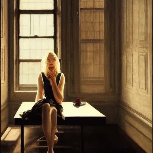 Image similar to Elle Fanning in a dark room, artstation, by Norman Rockwell, Extremely detailed. 4K. Award winning.